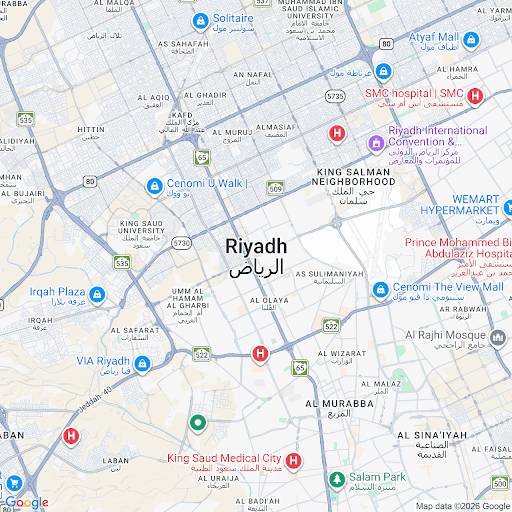 A stylized map view of Riyadh showing modern towers and illuminated streets at dusk.