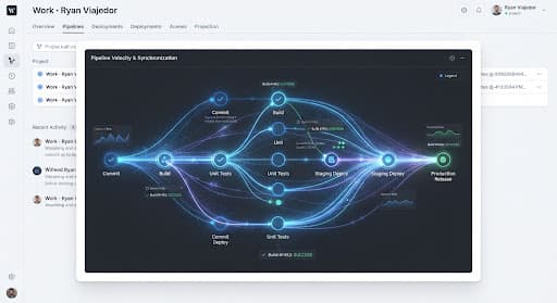 An abstract visualization of continuous integration pipelines and automated deployment graphs.